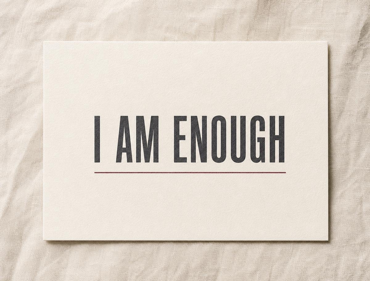 Encouragement card printed with the words "I am enough" in charcoal type on warm off-white paper